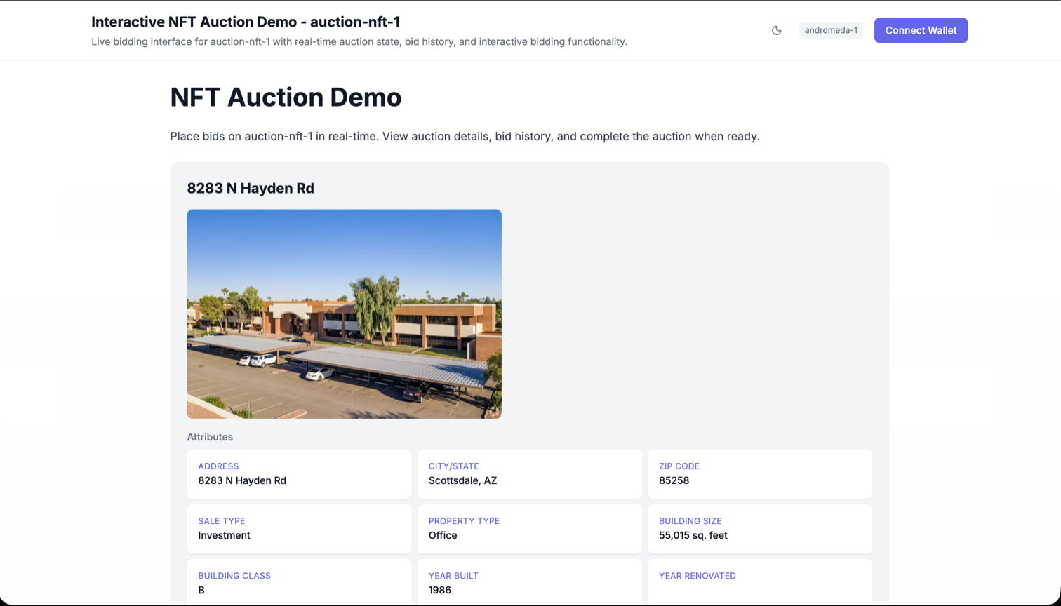 An auction demo preview displaying an NFT with image, attributes, current bid state, and bidding interface