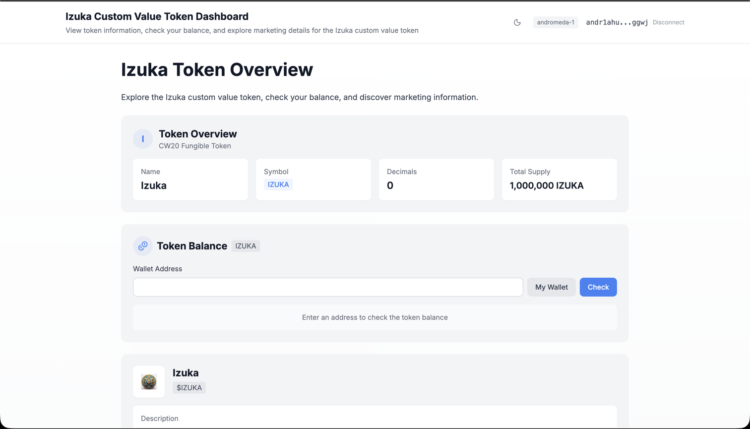 A CW20 token demo preview showing token name, symbol, total supply, balance checker, and marketing details