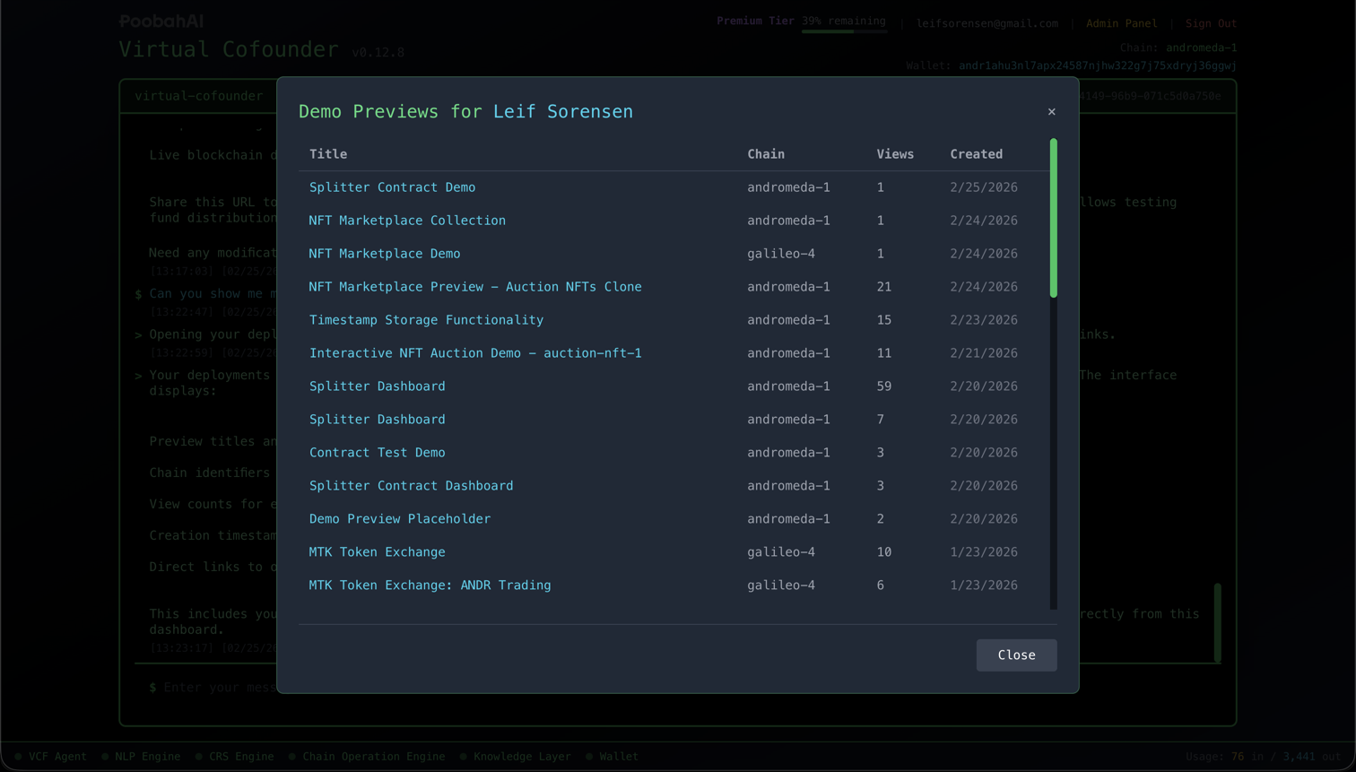 A list of demo previews in the deployments panel showing multiple entries across different chains and dates