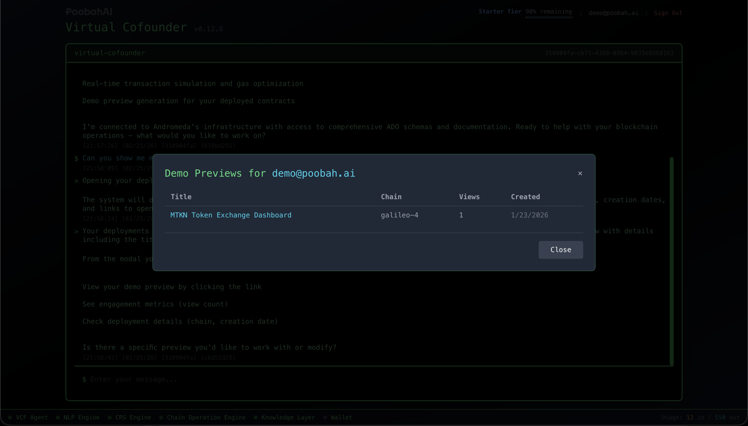The deployments panel showing a saved demo preview with its title, blockchain network, view count, and creation date