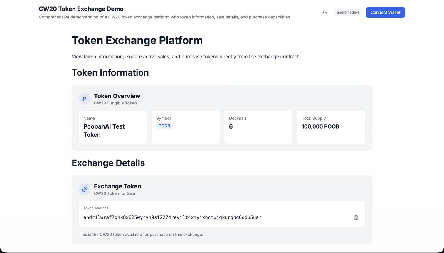 A token exchange demo preview showing token information, exchange rate details, and a purchase interface