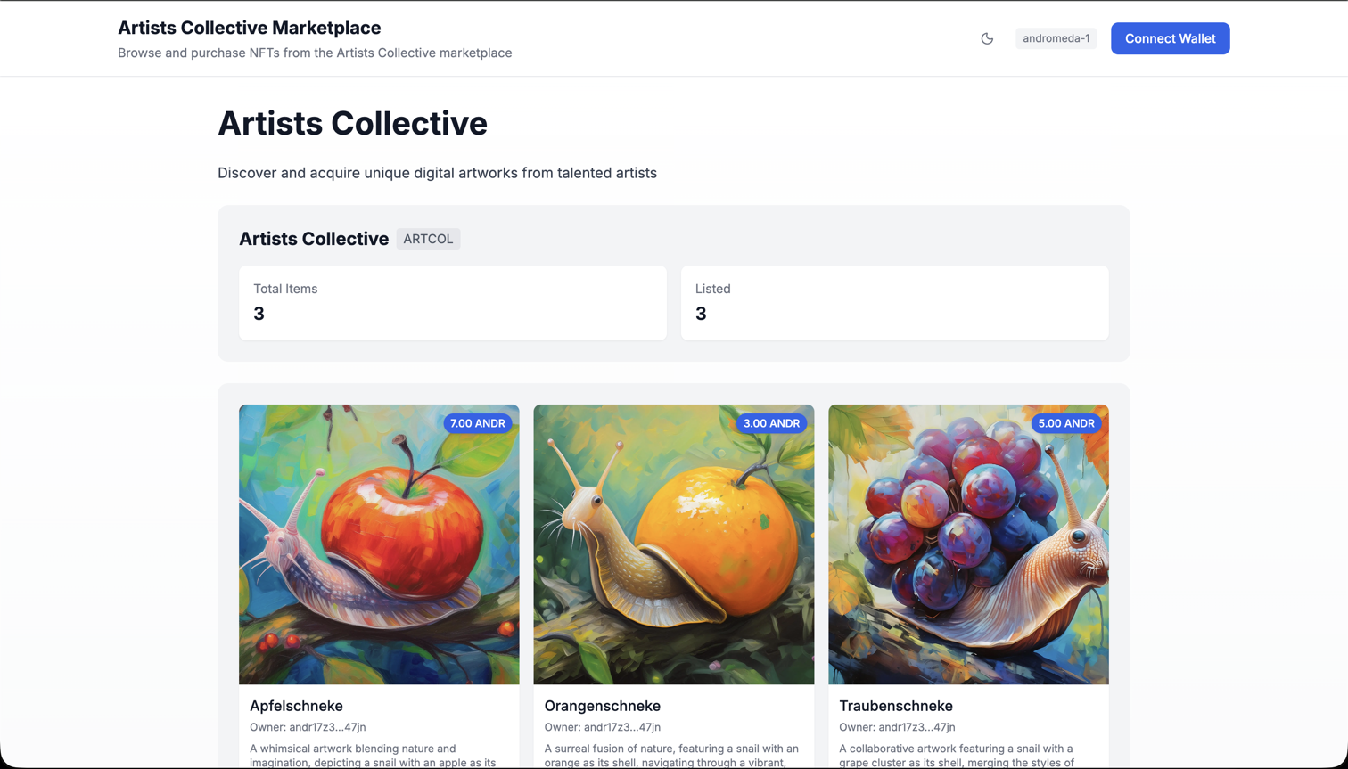 A marketplace demo preview displaying NFT artwork listings with prices, buy buttons, and collection statistics