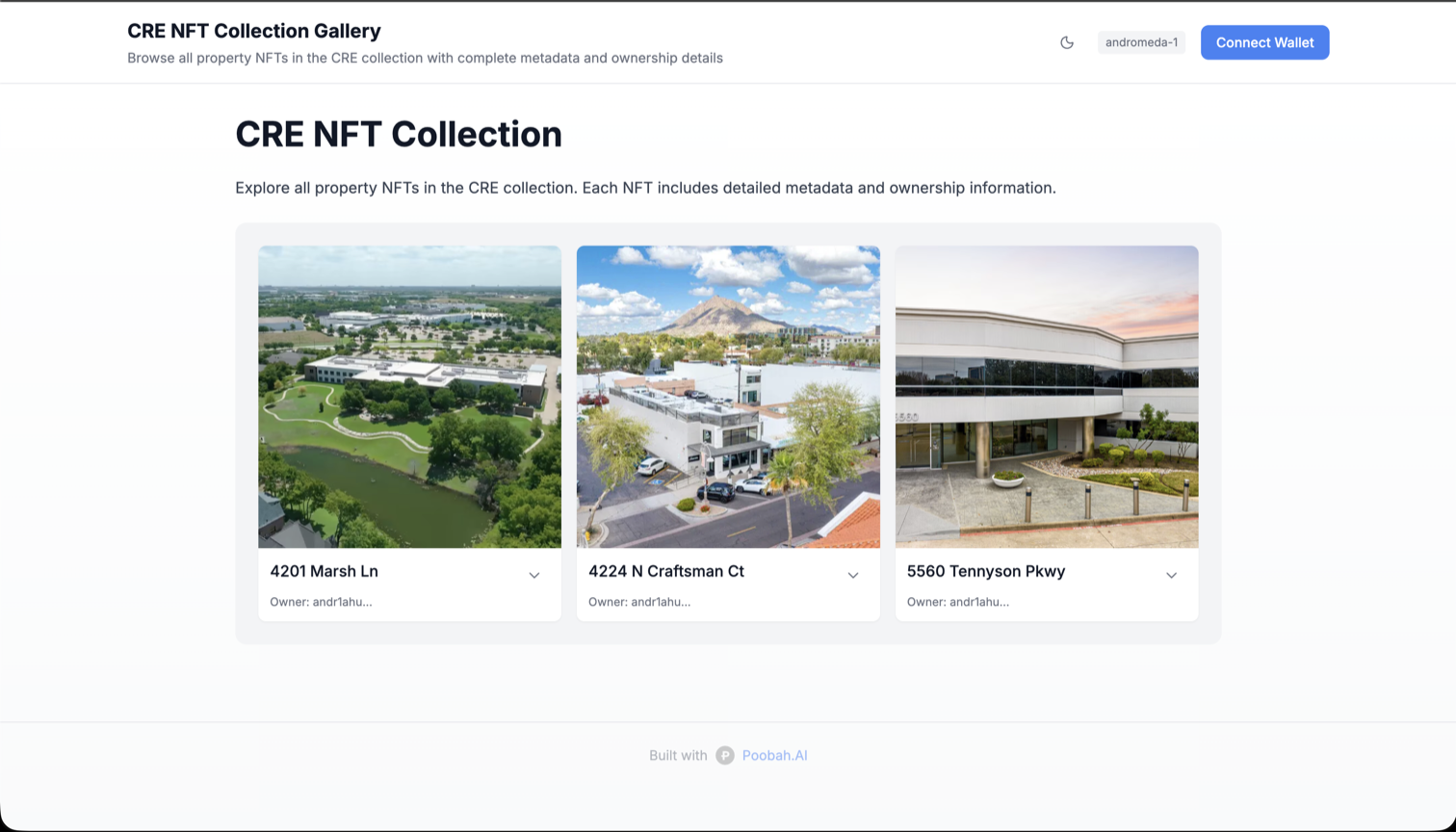 An NFT collection demo preview showing a property gallery grid with images, token names, and ownership details