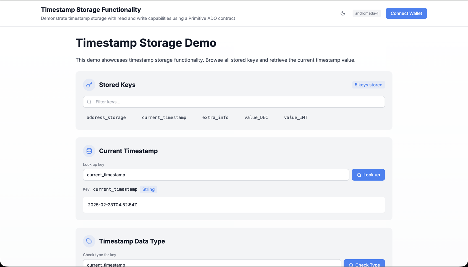 A data primitive demo preview showing stored keys, a query interface for reading values, and data type information